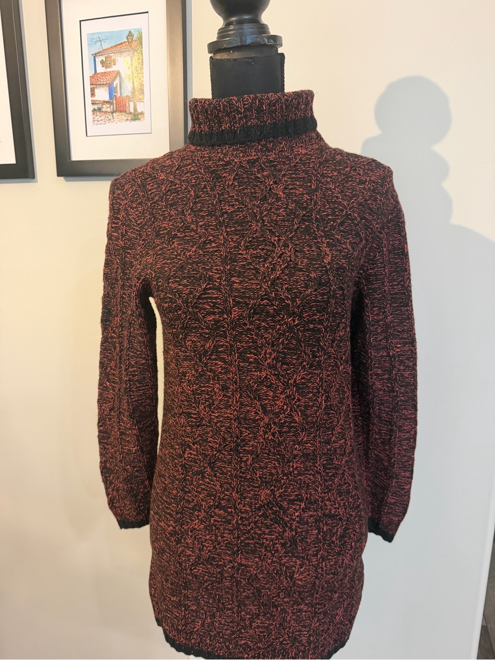 New Women’s Marled Pink Black Hand -Knit Turtleneck Sweater S